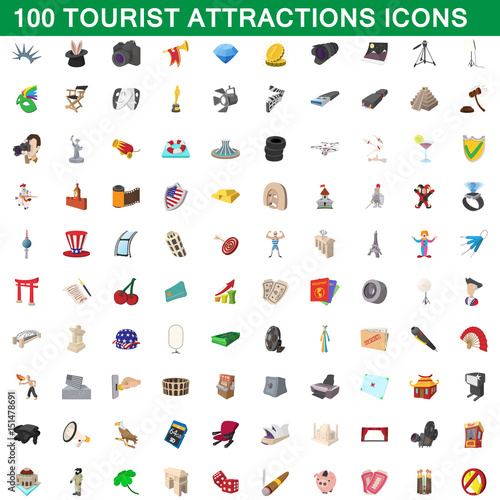 100 tourist attractions icons set, cartoon style