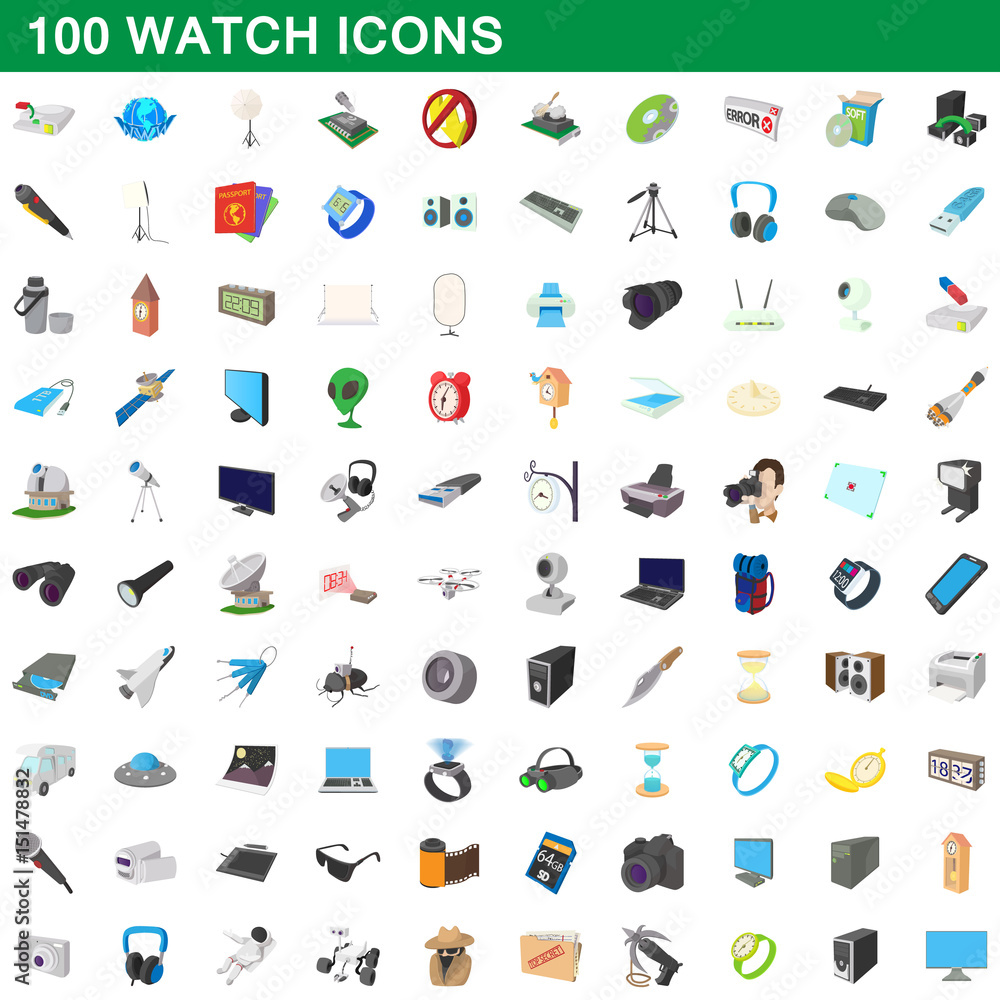 Fototapeta premium 100 watch icons set, cartoon style
