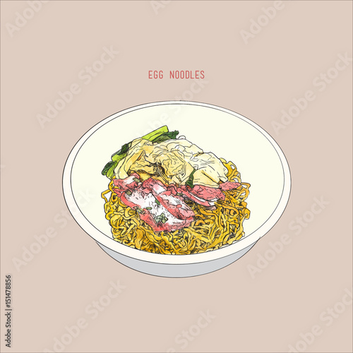 Egg Noodles With Red Pork. Thai street food , sketch vector.