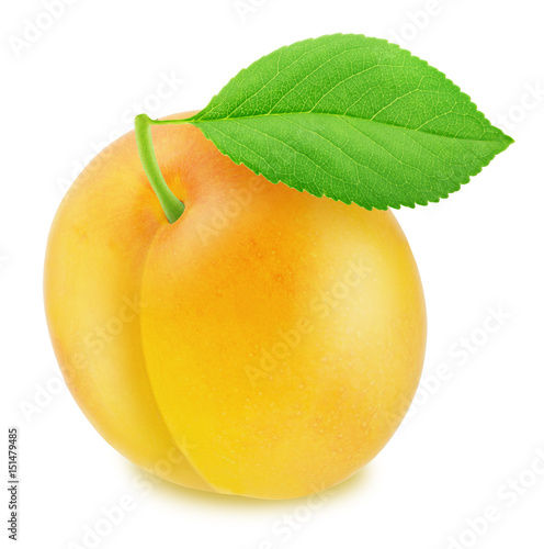 Ripe yellow plum with green leaf. With clipping path