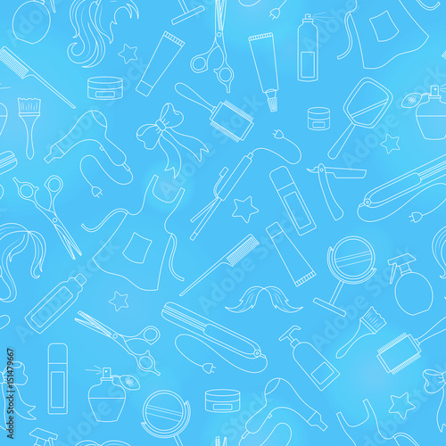 Seamless pattern on the theme of the Barber shop, the tools and accessories of the hairdresser, light contour on blue background