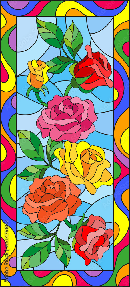 Illustration in stained glass style with flowers and leaves of rose in a bright frame,vertical orientation Illustration in stained glass style with flowers and leaves of rose in a bright frame,vertical orientation