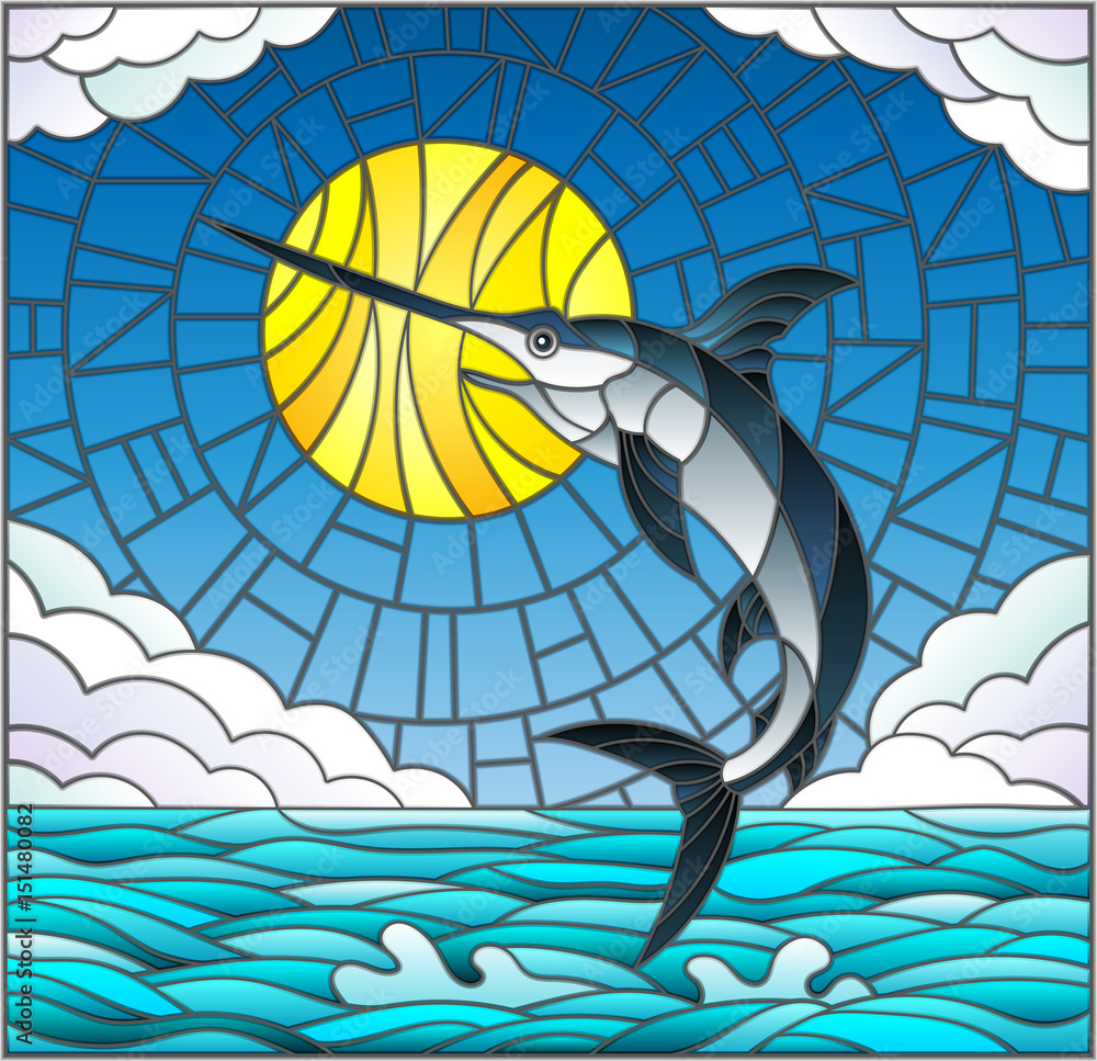 Illustration in stained glass style with a fish swordfish on the background of water ,cloud, sky and sun