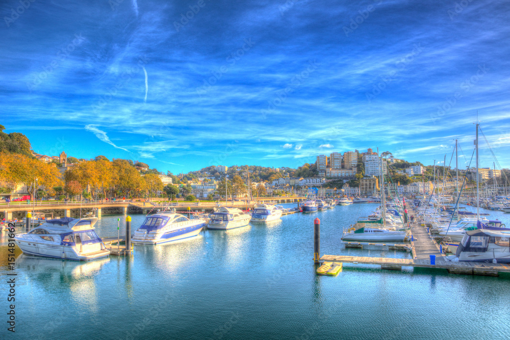 Torquay Devon marina with boats and yachts on beautiful day on the English Riviera in colourful HDR

