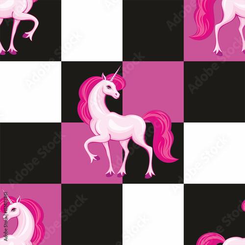 Seamless pattern with the image of a beautiful fantastic unicorn. Colorful vector background.
