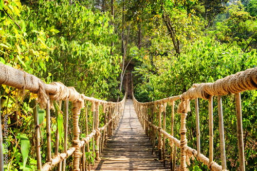 Beautiful footbridge made from rope and bamboo