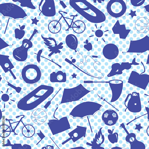 Seamless pattern on the theme of summer camp and vacations, blue silhouettes of icons , black contour on white background polka dot