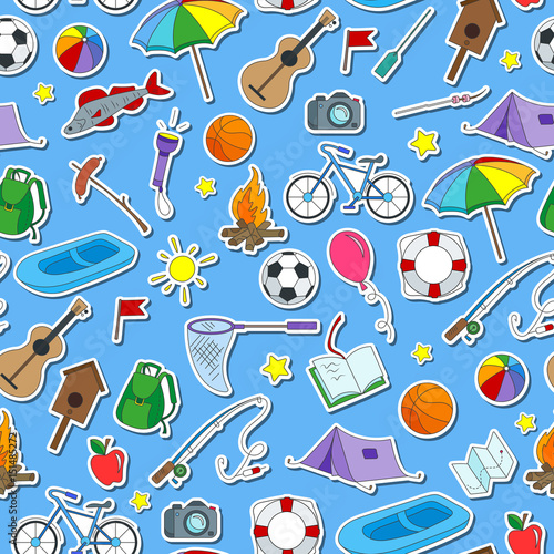 Seamless pattern on the theme of summer camp and vacations, icons stickers on blue background