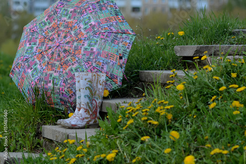 Зонт и резиновые сапоги на лестнице