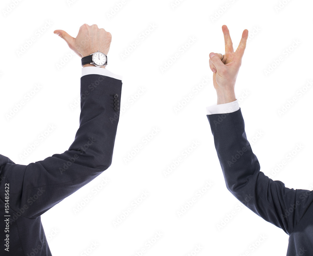 Collage, male hands show a sign of victory and like Collage, male hands show a sign of victory and like