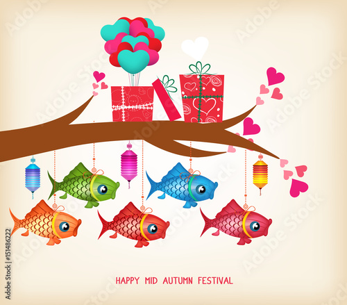 Mid autumn festival day greeting card with gifts and lanterns