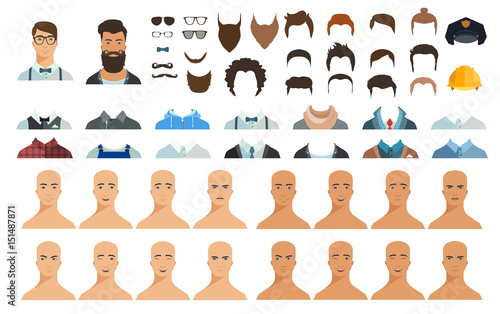 Avatar constructor. Choose haircut, clothes and emotion. Vector illustration in flat style.