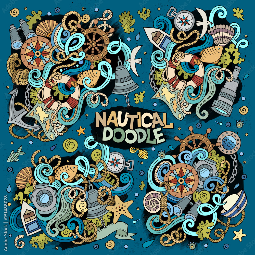 Set of marine, nautical doodles design