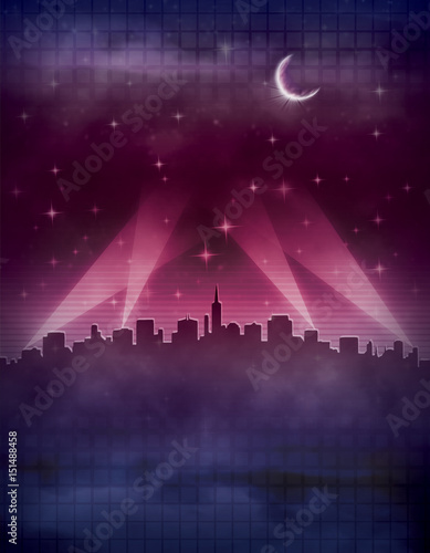 Backdrop of a Futuristic City at Night - Eye-catching  futuristic scene with a city skyline and beams of light reaching into the sky. 