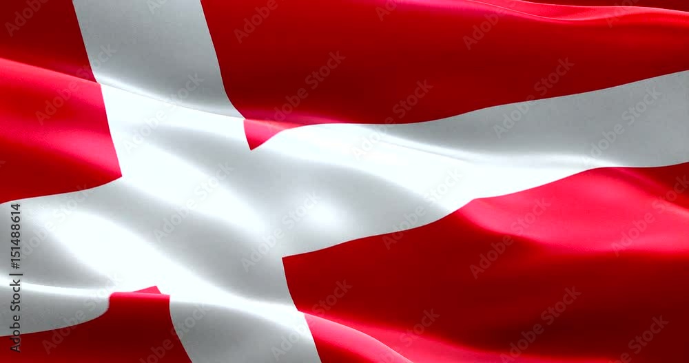 closeup of animation waving dannebrog denmark flag, with red background and white cross, national symbol of danish sign