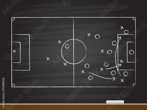 Chalk hand drawing with soccer game strategy. Vector illustration.
