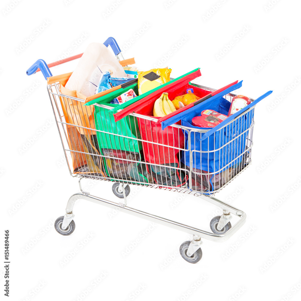 Supermarket Trolley Cart with Groceries Isolated on White Background