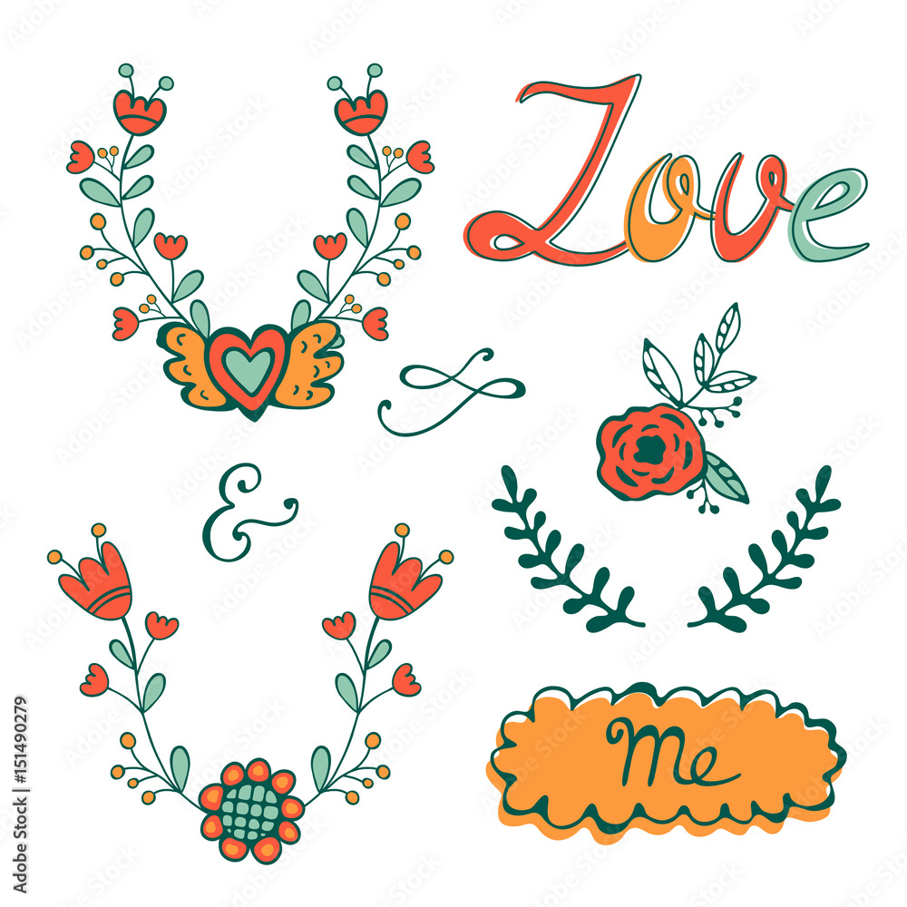 Elegant hand drawn collection of graphic elements. Ideal for embroidery post cards or invitations