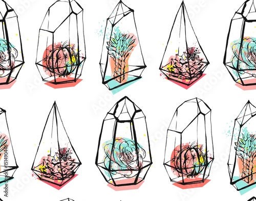 Hand drawn vector abstract seamless pattern with rough terrarium and succulent plants in pastel colors isolated on white bakground.Design for decoration,fashion,fabric,save the date,scandinavian