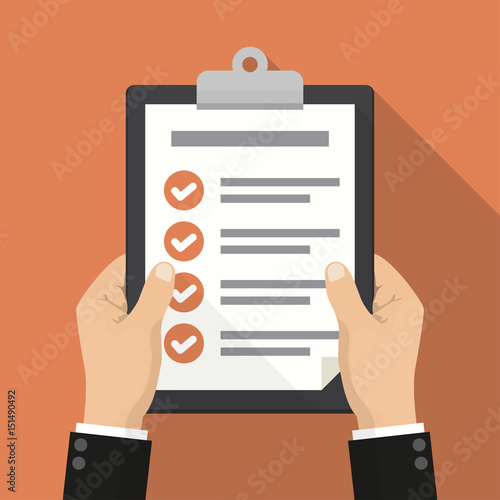Businessman hands holding clipboard checklist in a flat design with long shadow