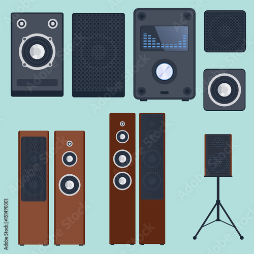 Home sound system stereo flat vector music loudspeakers player subwoofer equipment technology.