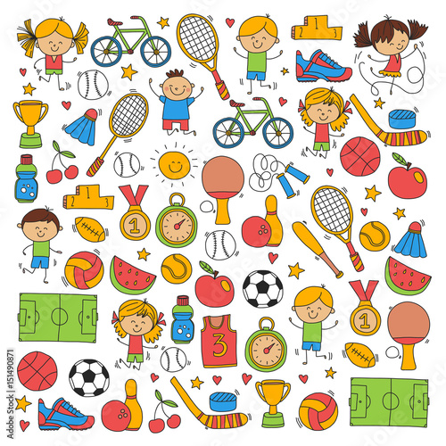 Children sport Fitness Football Volleyball Tennis Basketball Bicycle Running Award Baseball Kids sport for boys and girls Vector pattern