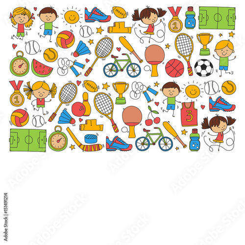 Children sport Fitness Football Volleyball Tennis Basketball Bicycle Running Award Baseball Kids sport for boys and girls Vector pattern