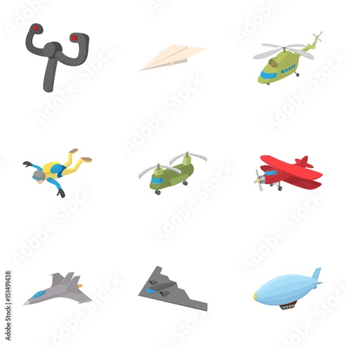 Flying machine icons set, cartoon style