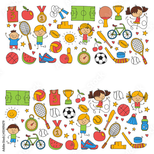 Children sport Fitness Football Volleyball Tennis Basketball Bicycle Running Award Baseball Kids sport for boys and girls Vector pattern