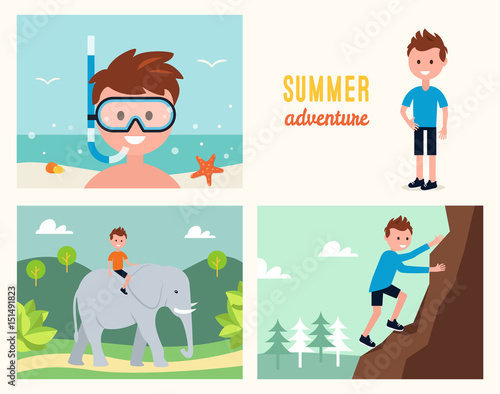 Boy Snorkeling , Climbing Rock and Riding Elephant. Summer Activities Vector Illustration