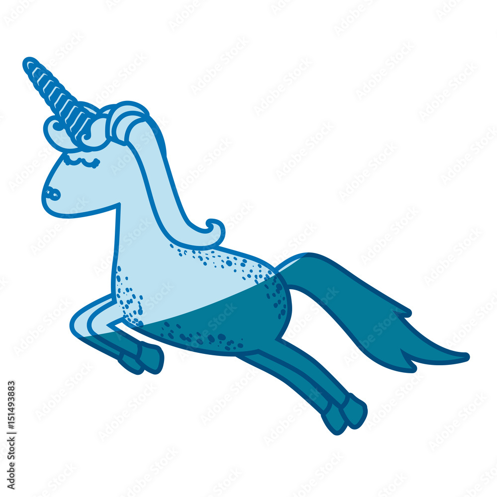 blue silhouette of cartoon unicorn with stains and jumping vector illustration blue silhouette of cartoon unicorn with stains and jumping vector illustration