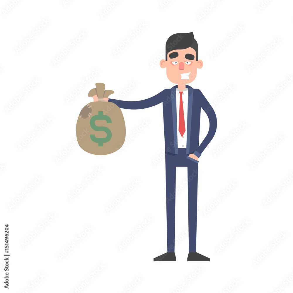 Businessman hold bag with sign dollar. Office worker character in suit Businessman hold bag with sign dollar. Office worker character in suit