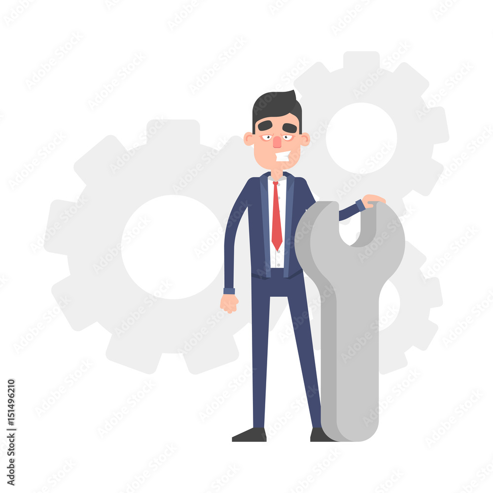 Businessman stand about wrench and gears. Office worker character in suit Businessman stand about wrench and gears. Office worker character in suit
