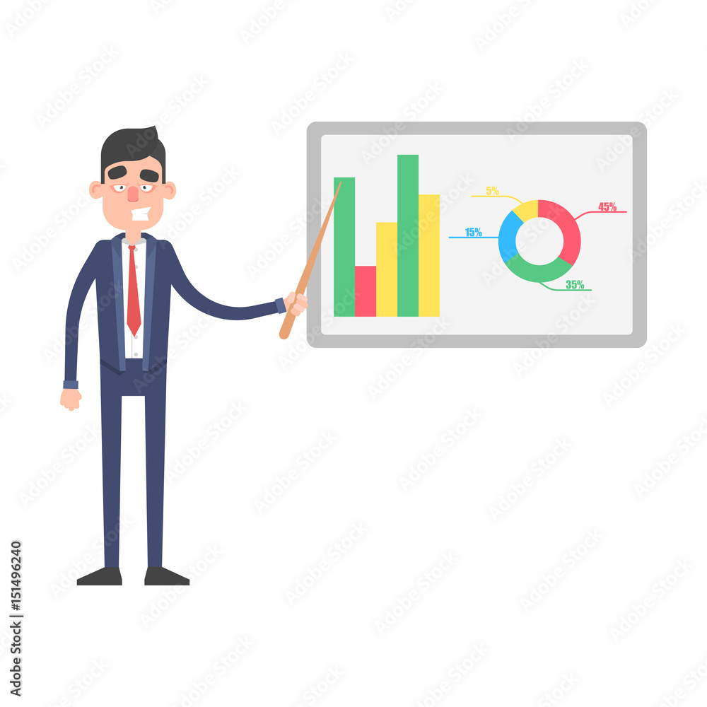 Businessman talks about infographics. Office worker character in suit Businessman talks about infographics. Office worker character in suit