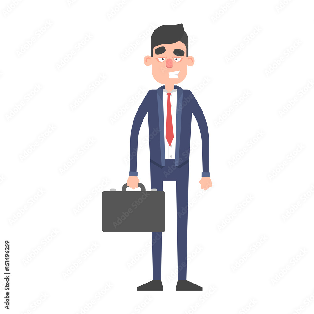 Businessman stand with briefcase. Office worker character in suit Businessman stand with briefcase. Office worker character in suit
