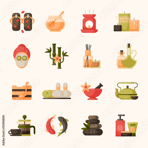 Vector illustrations of beautiful woman spa massage treatment, beauty procedures wellness icons.