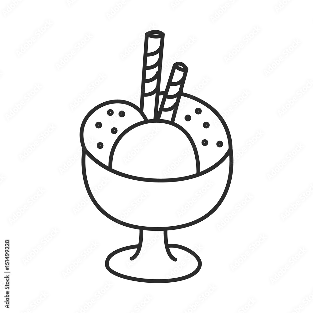 Ice cream in a bowl with wafer sticks vector doodle hand drawn line illustration Ice cream in a bowl with wafer sticks vector doodle hand drawn line illustration
