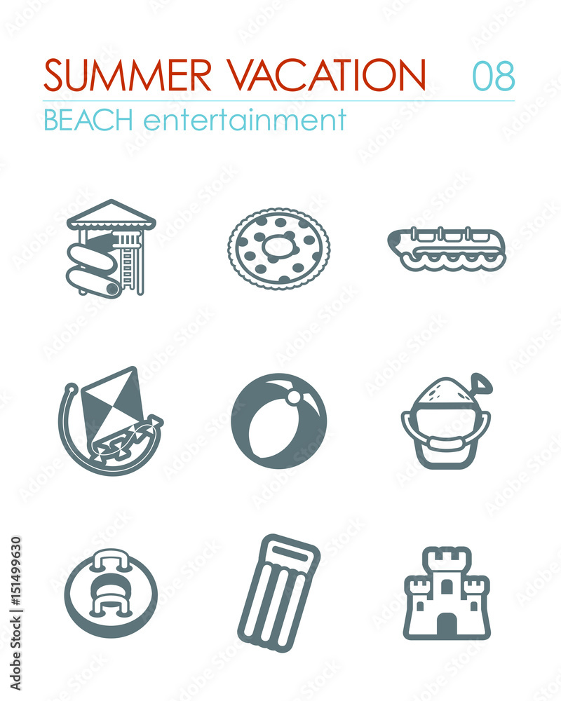 Beach entertainment icon set. Summer. Vacation Beach entertainment icon set. Summer. Vacation