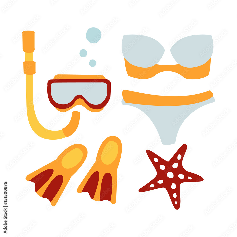 Women swimsuit and accessories for diving. Colorful cartoon Illustration