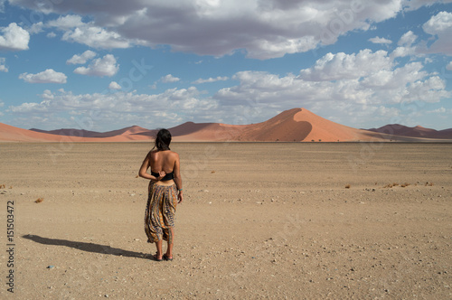 Woman in Front of Dune 35  Desert Landscape Sossusvlei  Namibia