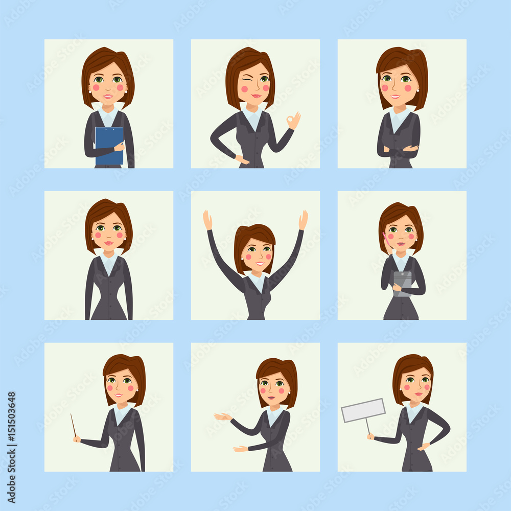 Vector business woman character silhouette standing adult office career posing young girl.