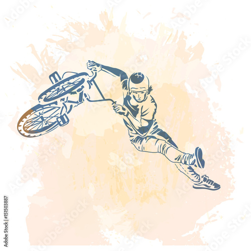 Bike rider jumping on a artistic abstract background.