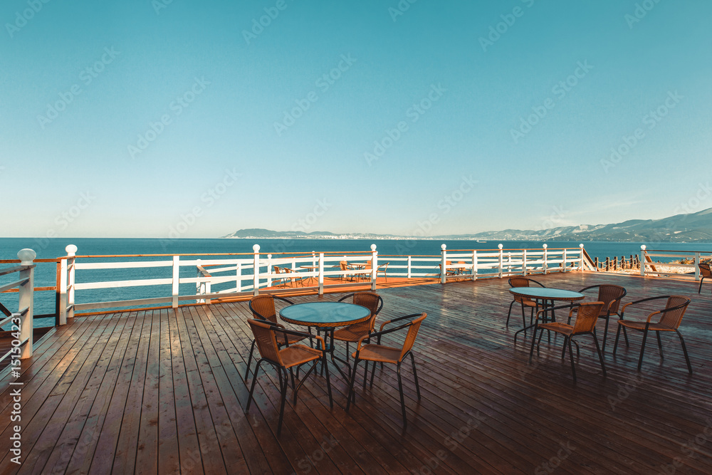 Wooden terrace with view on sea and sunset  resort travel concept Gelendzhik, North Caucasus, Russia