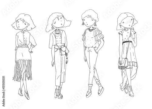 Fashion vector girls set. Hand drawn creative illustration with lovely black and white girls in casual clothes with bags, shoes. Isolated on white sketch in doodle style. Cute girls good for coloring