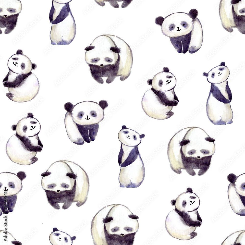 Fototapeta premium Watercolor panda bears. Seamless pattern.