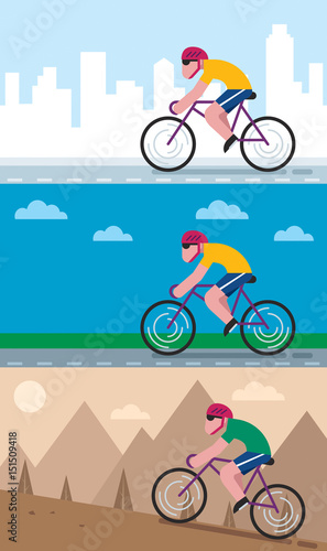 Cycling Backgrounds / Set of 3 flat design illustrations of character cycling through different areas.