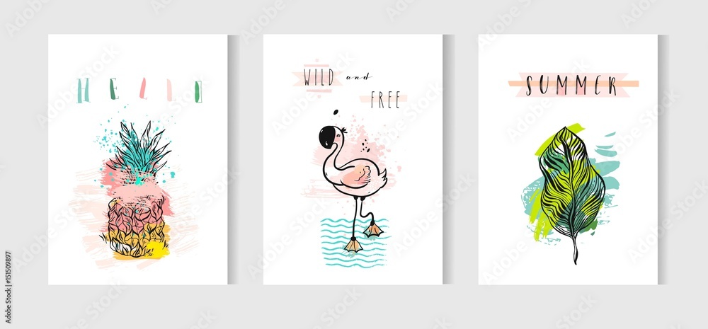 Hand drawn vector abstract summer time cards set with pink flamingo,tropical palm leaves,pineapple and funny quotes isolated on white background.Hipster wedding,birthday,decoration,save the date,logo.
