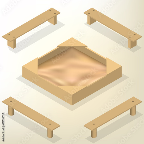 Sandbox with benches in isometric, vector illustration.