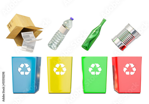 container for recycling, plastic, paper, metal, glass, 3d rendering