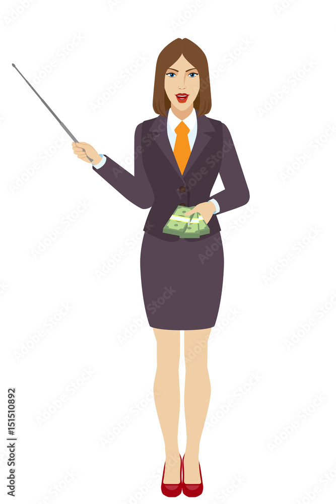 Businesswoman holding a pointer and showing cash money Businesswoman holding a pointer and showing cash money